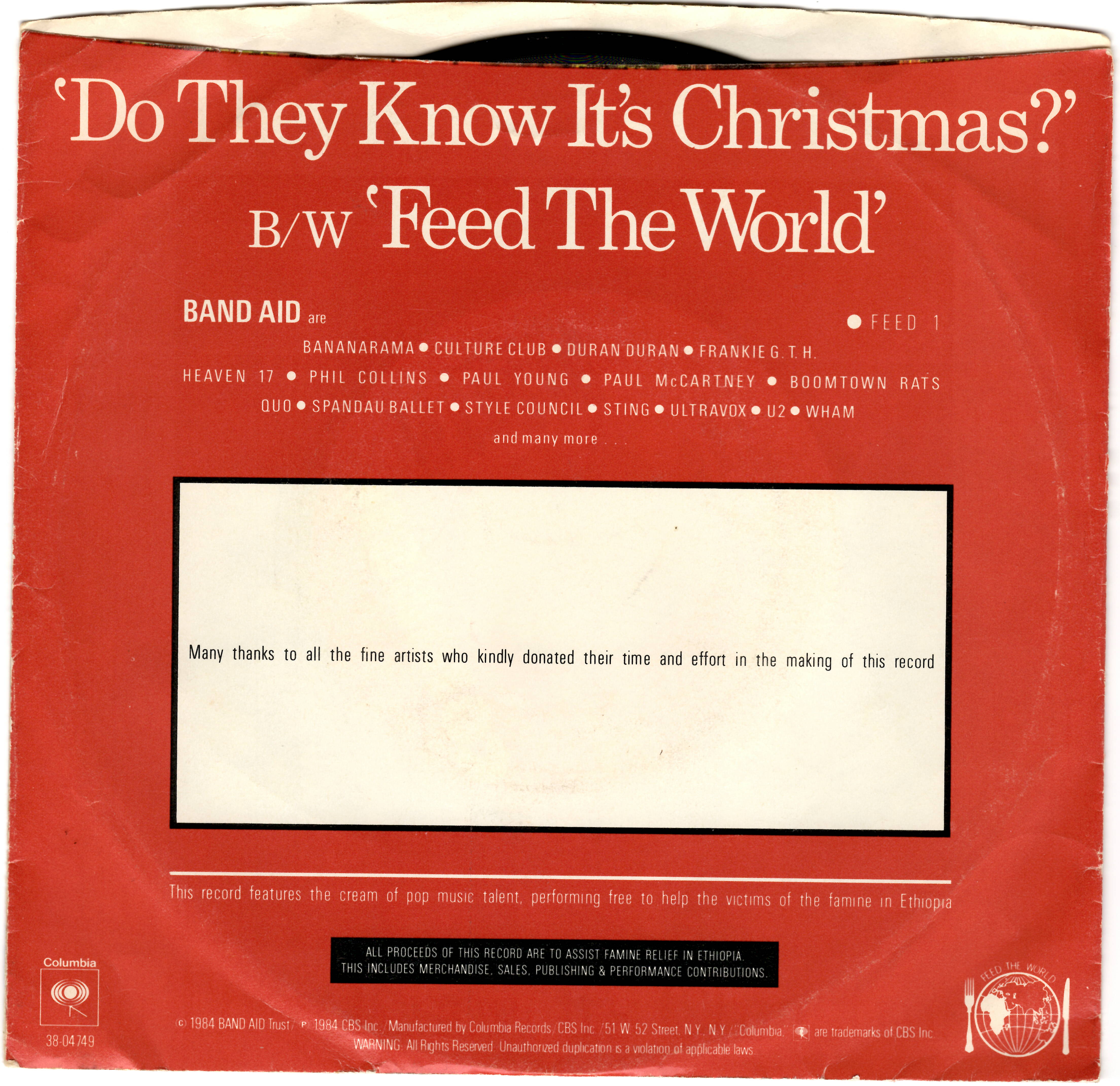 Do They Know It's Christmas? LB Record Sleeve Back