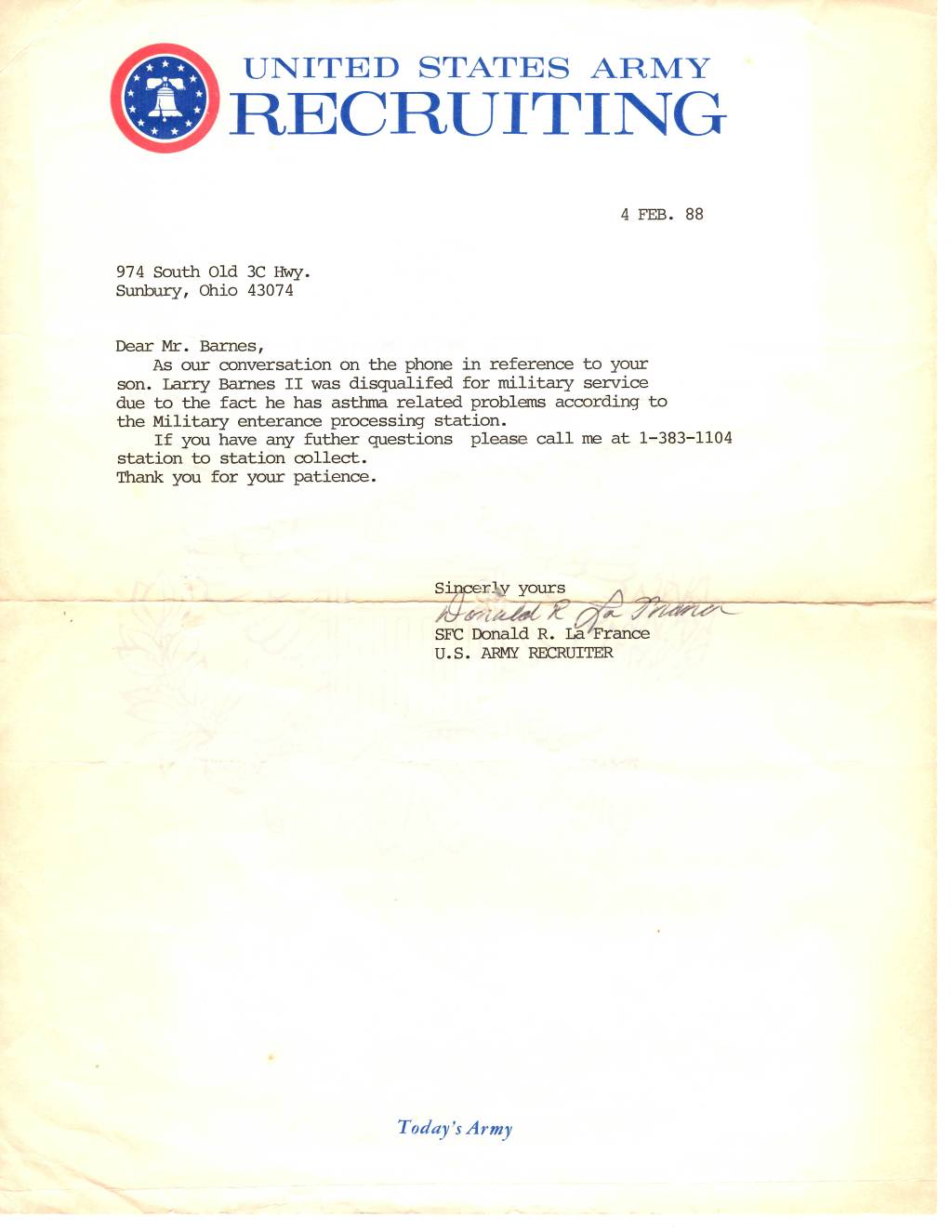 1988-02-04 U.S. Army Rejection Letter