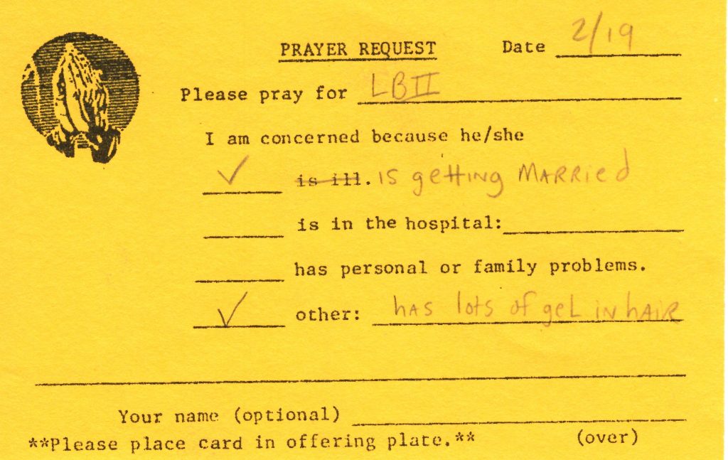 Wedding Day: February 19th, 1994 Prayer Request Card