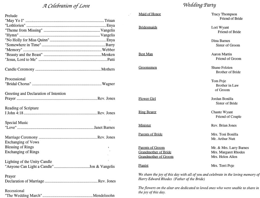 Wedding Day: February 19th, 1994 Actual Program